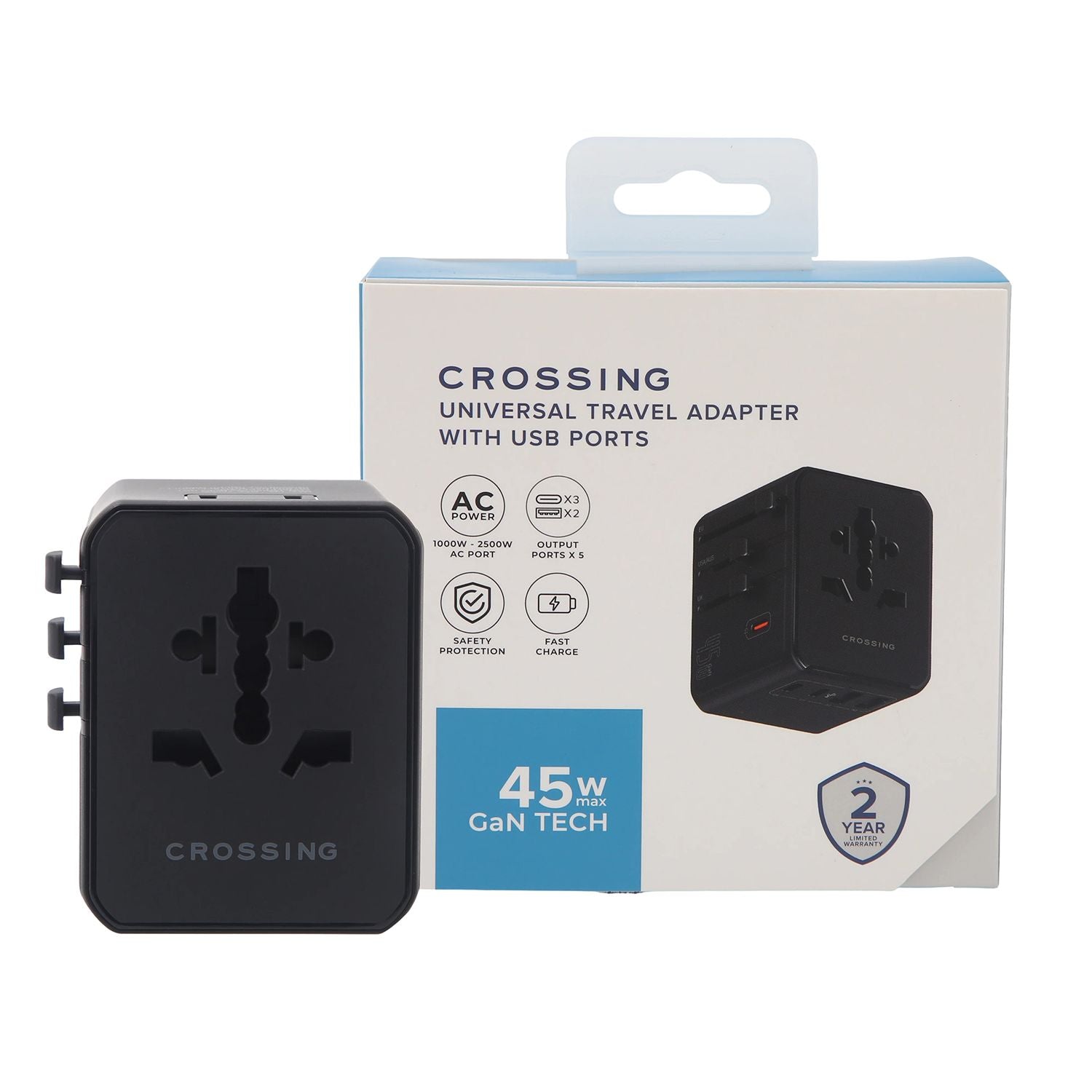 Crossing World Travel Adaptor 45W V2 With 3 USB-C + 2 USB-A