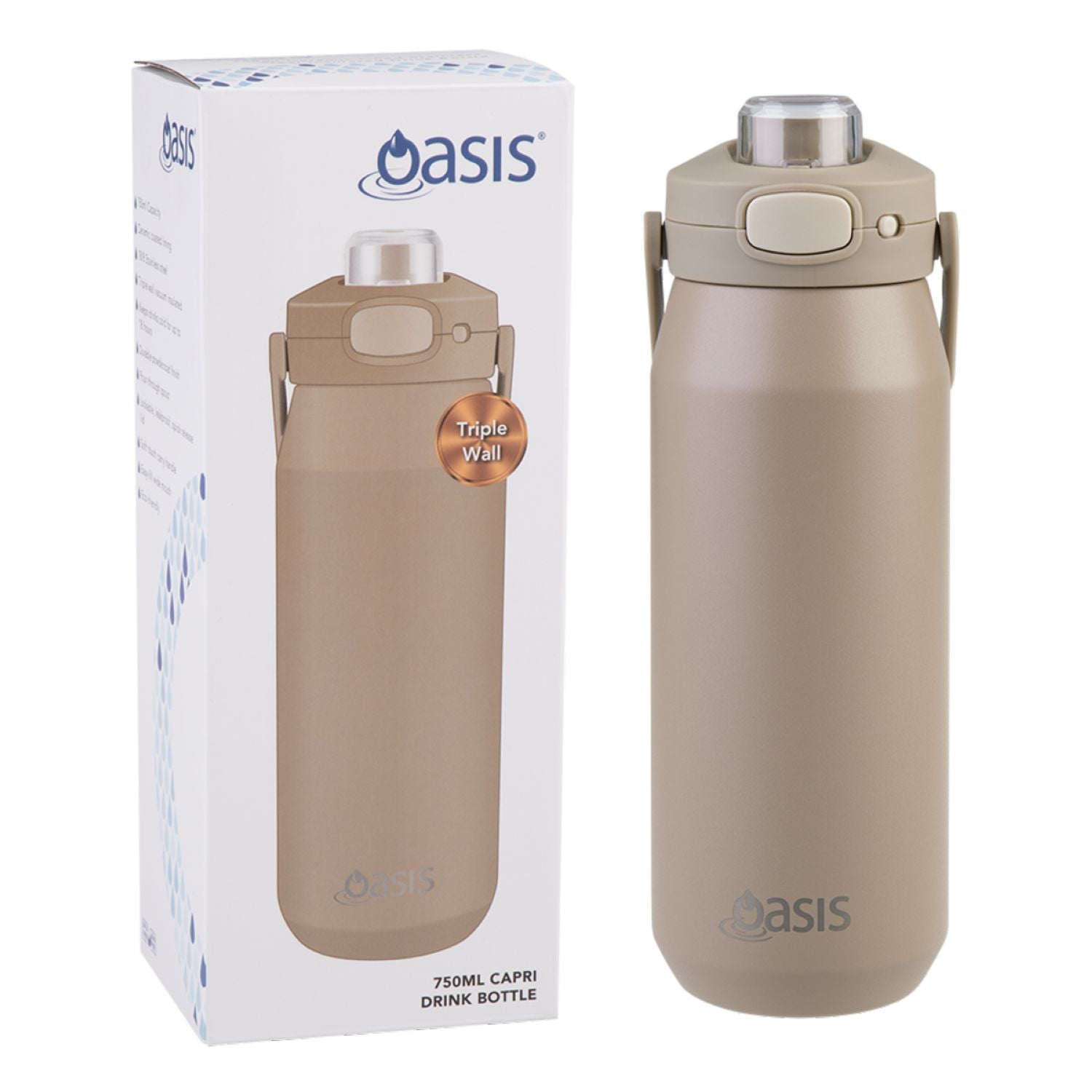 Oasis Ceramic Stainless Steel Triple Wall Capri Quick Release Drink Bottle 750ML